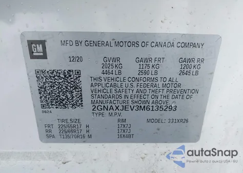 2021 Chevrolet Equinox Fwd 2Fl z USA, uszkodzony, nr VIN 2GNAXJEV3M6135293